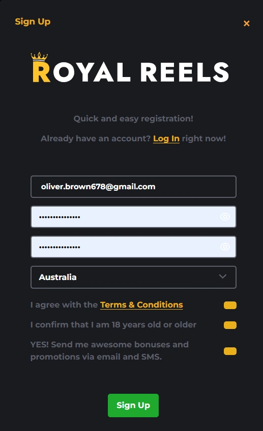 Royal Reels Casino registration first stage form